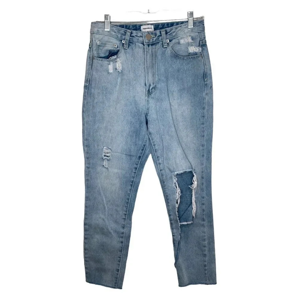 SUPERDOWN High Rise Distressed Straight Jeans Size 28 Light Wash Revolve